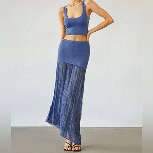 Commense Sea Breeze Blue Patchwork Maxi Skirt Asymmetrical XS
